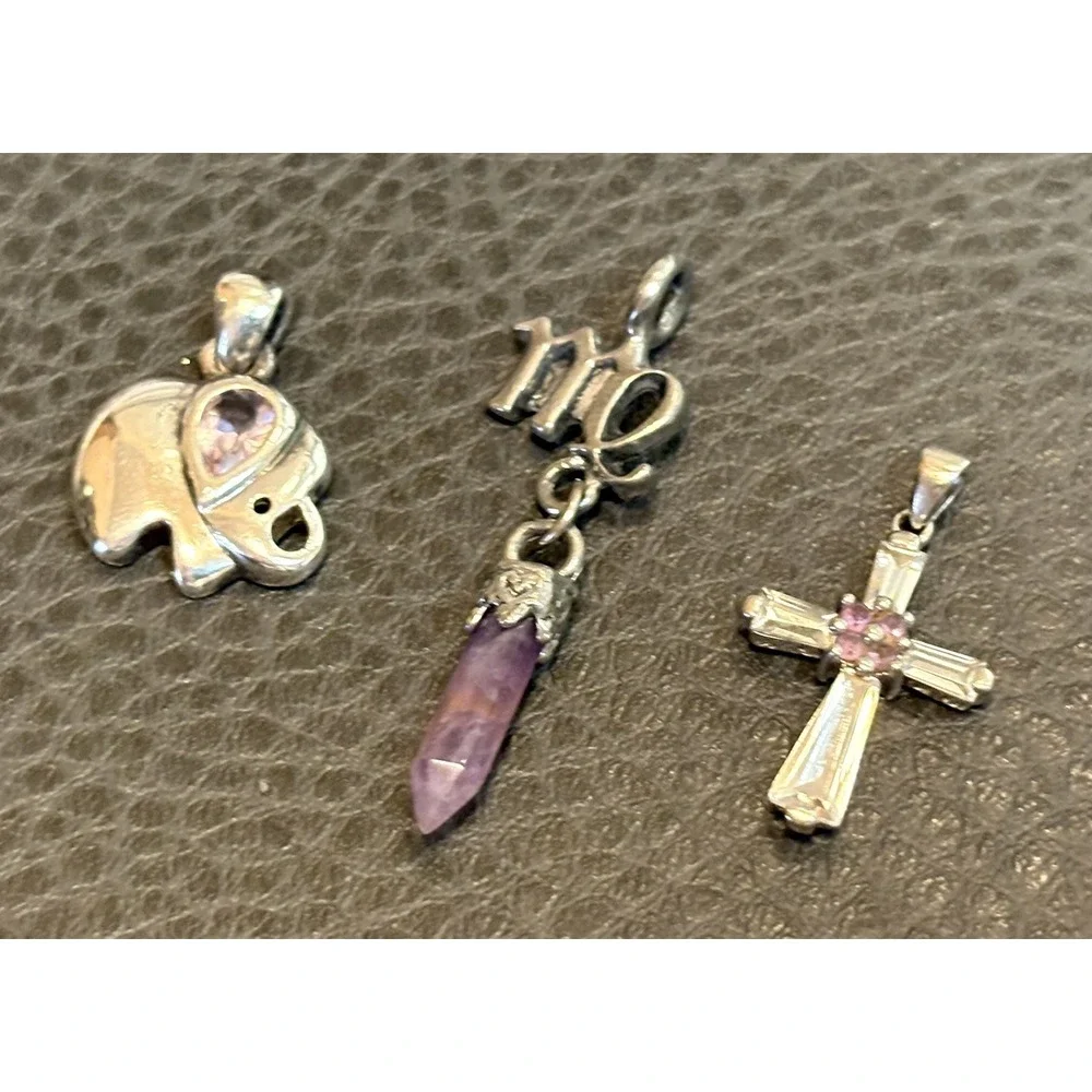 Set Of 3 Silver Tone Pendants 1 Sterling Cross 1 Avon Elephant Amethyst CZ